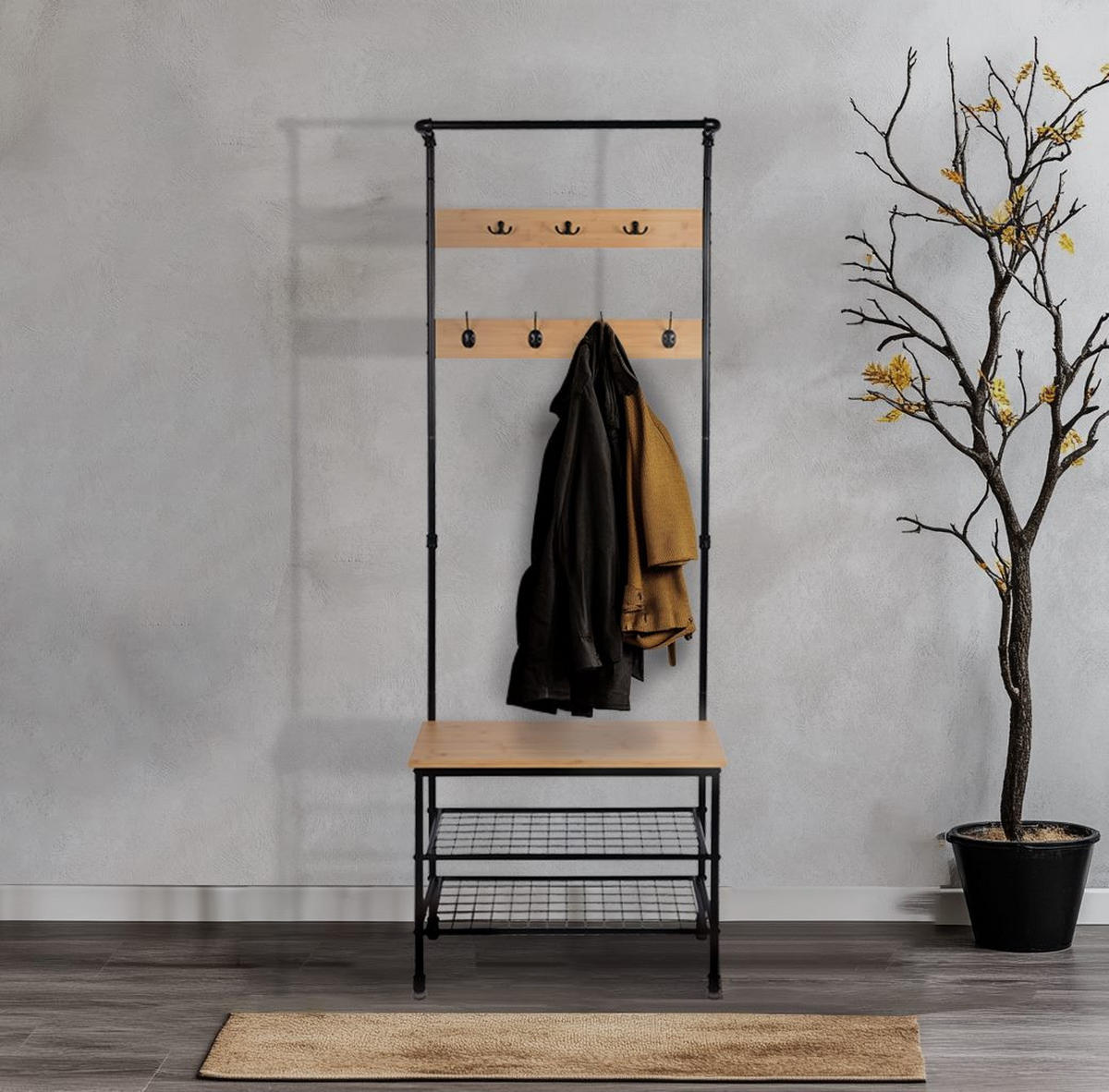 GARDEROBENSTÄNDER Bambus Metall Holzoptik mit Bank 66×32×186 cm - Schwarz/Naturfarben, Holzwerkstoff/Metall (66/183/32cm) - Begryf