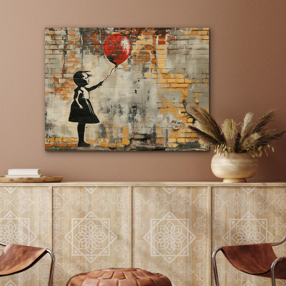 KOVOVÝ OBRAZ Graffiti - Banksy - Dievča - Street art 80x60 cm - piesková, kov (80/60cm) - MuchoWow