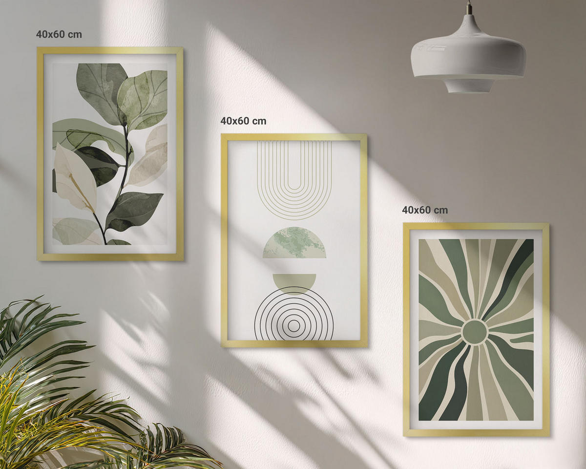 BILDER SET 3er Set - 40x60 cm Goldrahmen - Pflanzenmotive, Geometrie, Grün - Goldfarben, Kunststoff (40/60cm) - TULUP