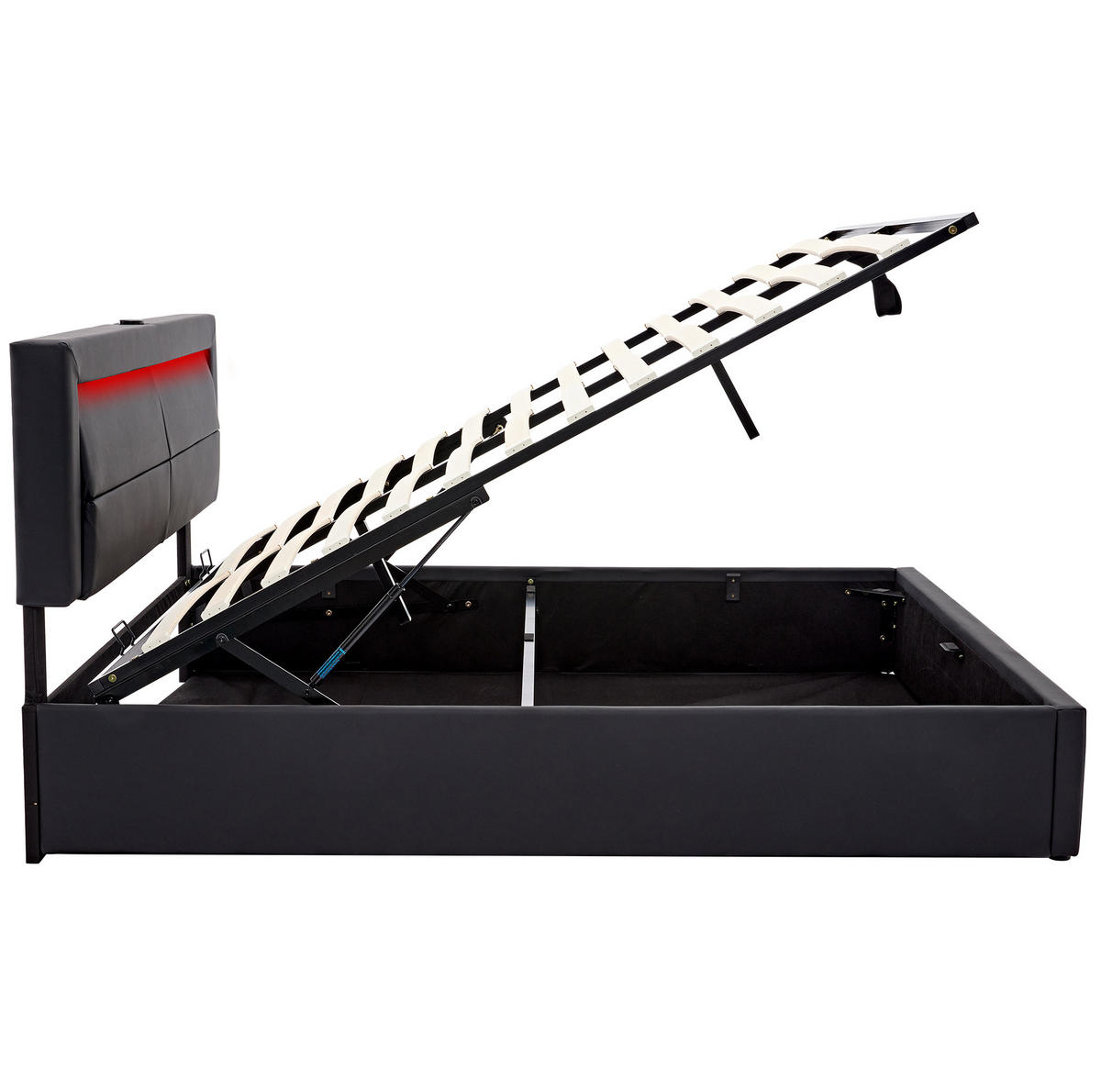 POLSTERBETT aus Kunstleder 140x200 cm in Schwarz mit LED & USB-Ladestation - Schwarz, Leder (140/200cm) - Modfu