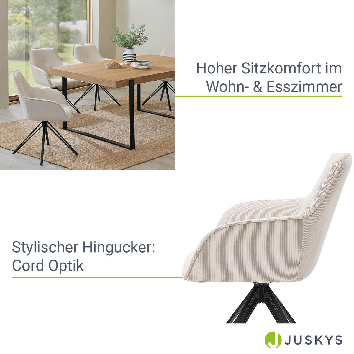 DREHSTUHL Clyde mit Armlehne cord beige (2er-Set) - Beige, Textil (57/85/61cm) - Juskys