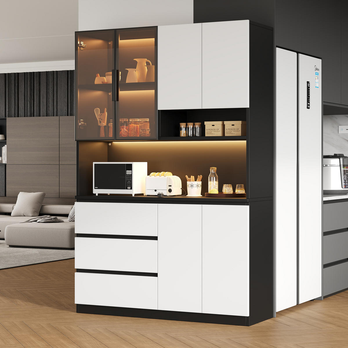 KÜCHENSCHRANK 120,5x40x180 cm, LED-Beleuchtung, 3 Schubladen, 6 Türen, Weiß/Schwarz - Schwarz, Holzwerkstoff (120.5/180/40cm) - FOHERE