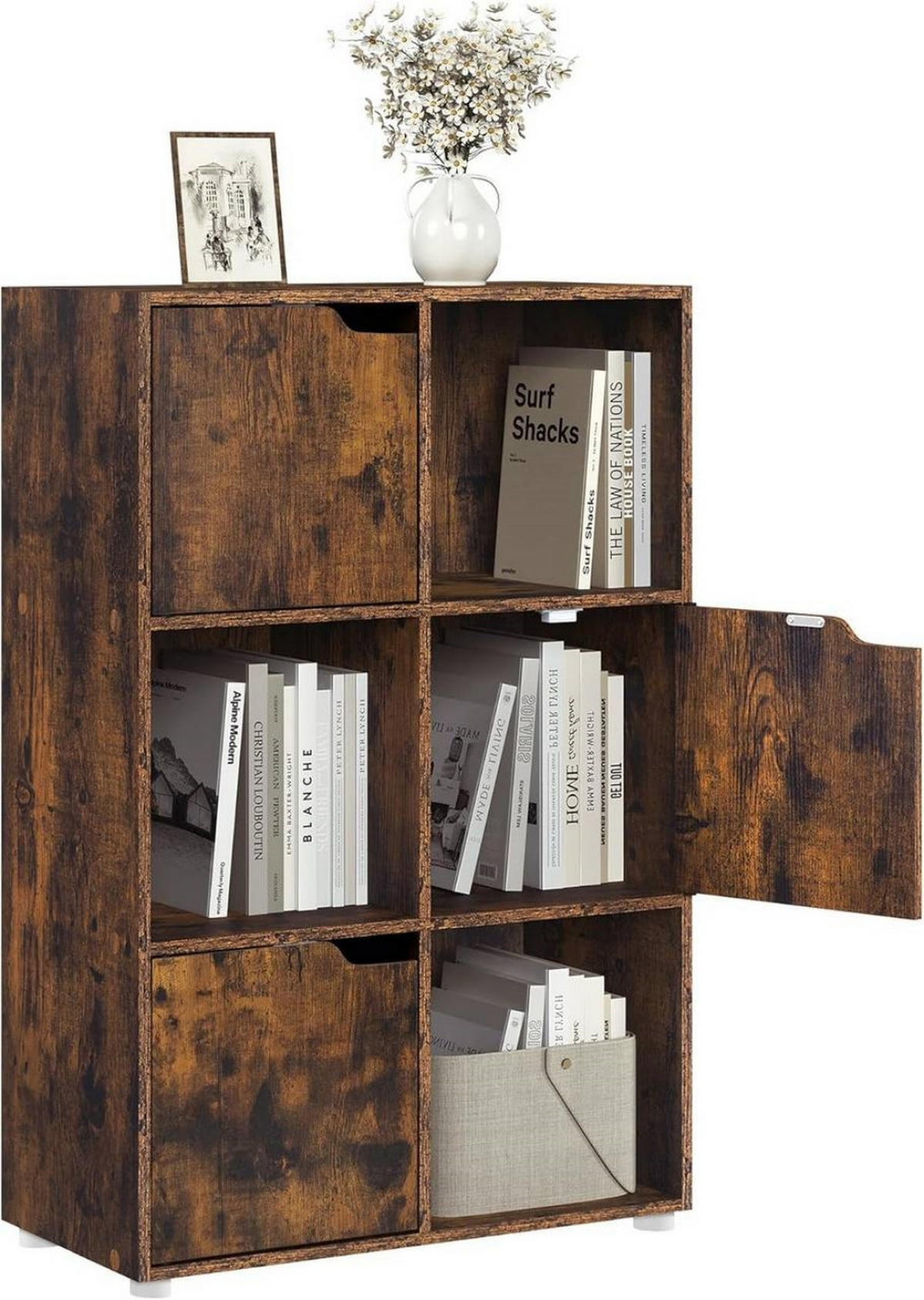 REGALE Bücherregal mit 3 Türen, 6 Fächer, Vintagebraun - Dunkelbraun/Weiß, Holzwerkstoff/Kunststoff (59.6/91/29cm) - Woltu