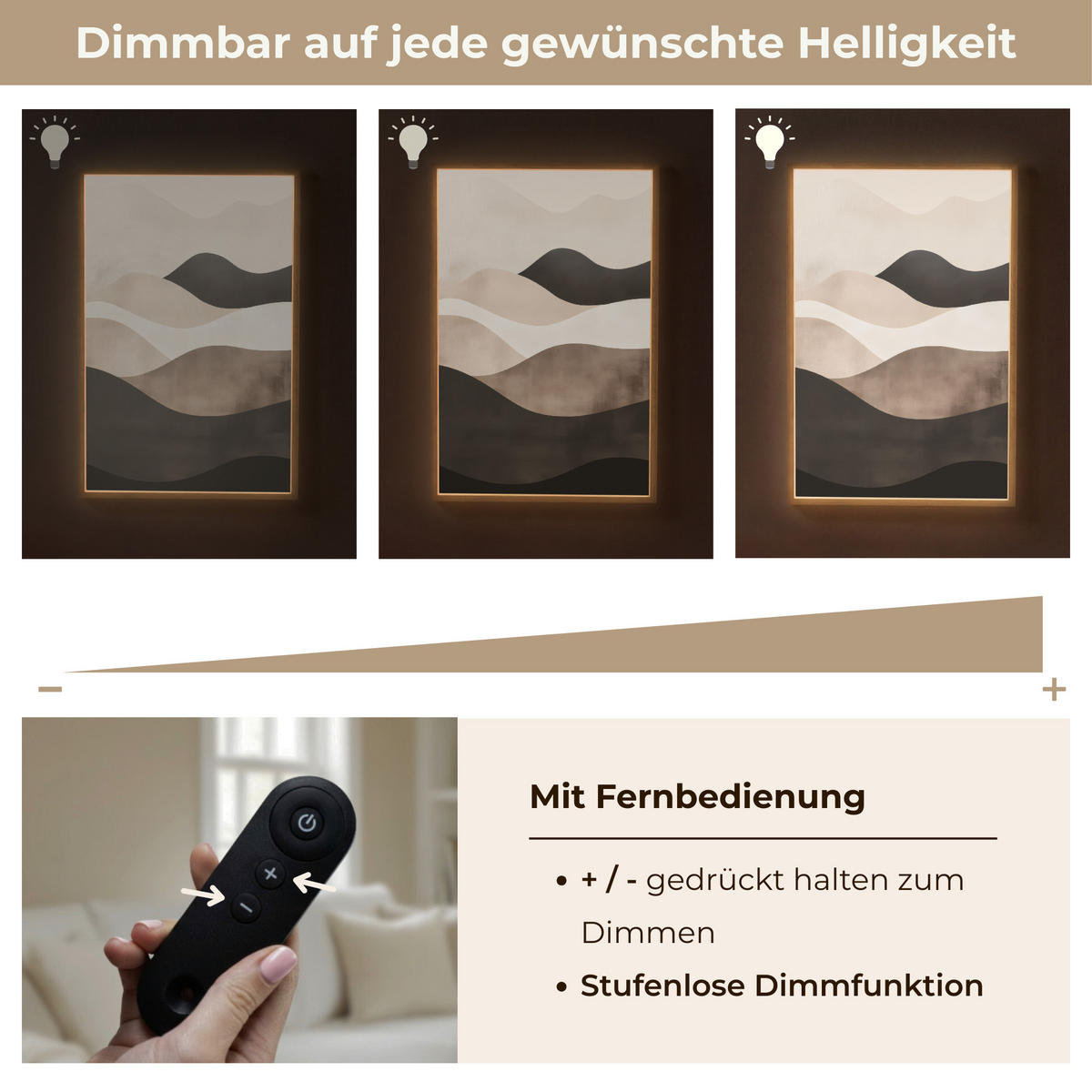 NÁSTĚNNÁ LAMPA S AKUMULÁTOREM Abstraktní - Krajina - Vlny - Krémová barva 70x100 cm - šedohnědá, kompozitní dřevo (70/100/8cm) - OnlyWow
