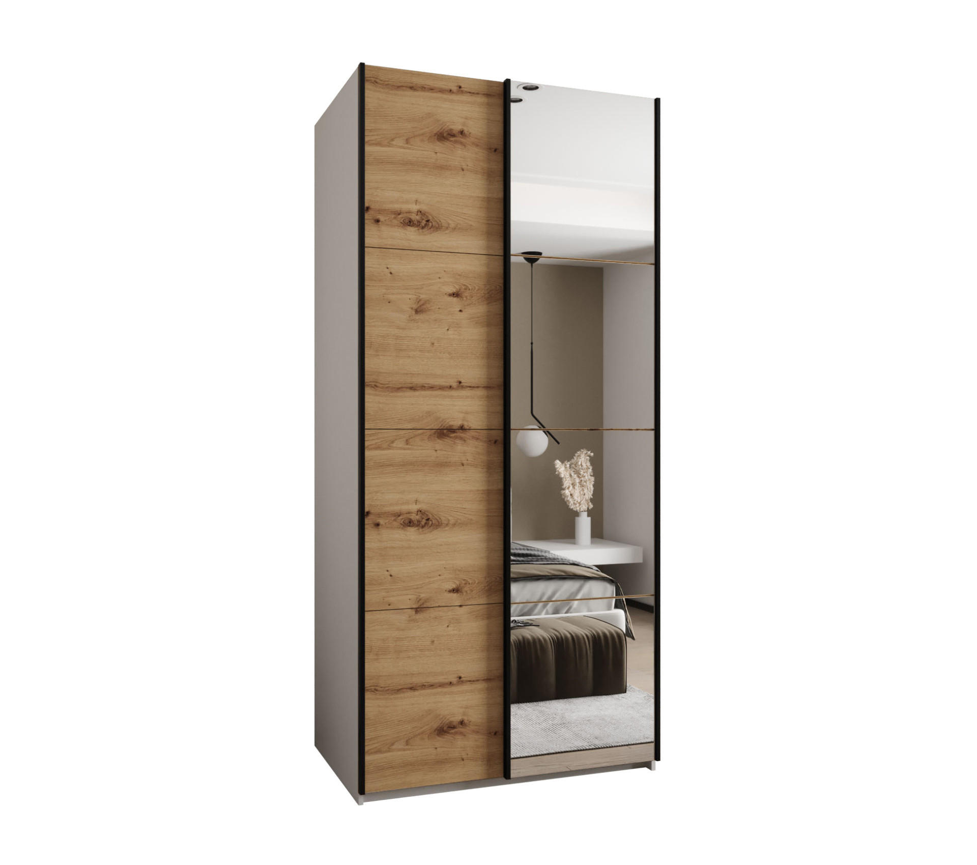 Abiks Möbel Schwebetürenschrank Weiß, Eiche Artisan, Schwarz 110x245x64 cm