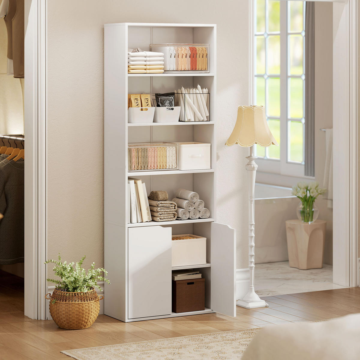 AKTENREGAL DE-14445 mit 4 offenen Fächern und 2 Türen Weiß - Weiß, Holzwerkstoff (29/180/59cm) - ComfortXL