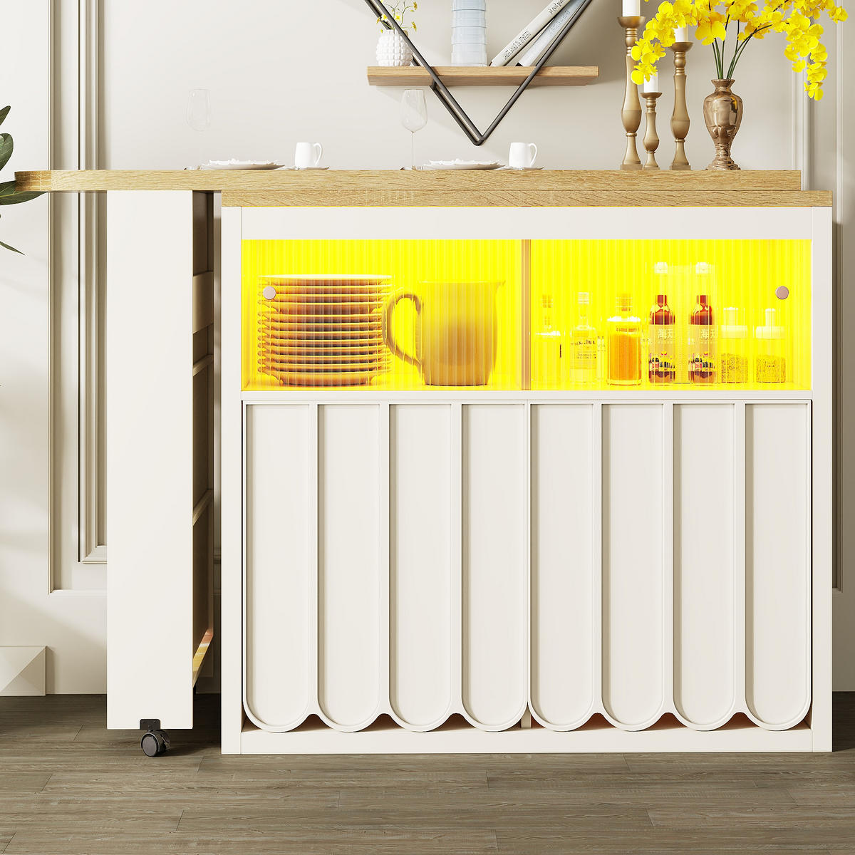 BARTISCH Ausziehbar 135-205cm LED Stauraum Weiß - Weiß, Glas (39/135/100cm) - FLIEKS