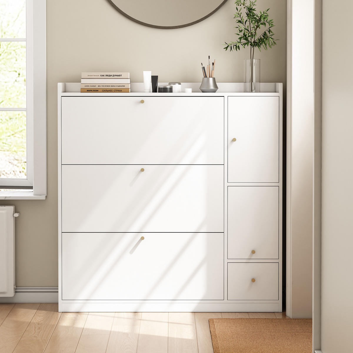 SCHUHSCHRANK aus Spanplatte 119x24x122cm in Weiß mit klappbarer Sitzbank - Weiß, Holzwerkstoff (119/122/24cm) - Modfu