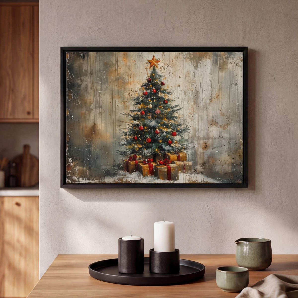 LEINWAND Bilder mit Rahmen - Weihnachtsbaum - Vintage - Weihnachten - Geschenk - 40x30 - Rostfarben, Textil (40/30cm) - MuchoWow