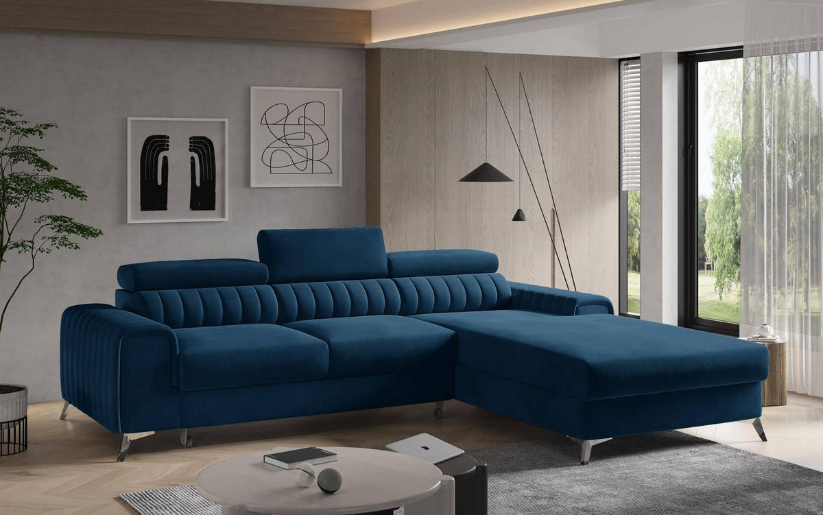 ECKSOFA mit Schlaffunktion und Bettkasten - Chromfarben/Dunkelblau, Textil/Metall (205/278cm) - Eltap