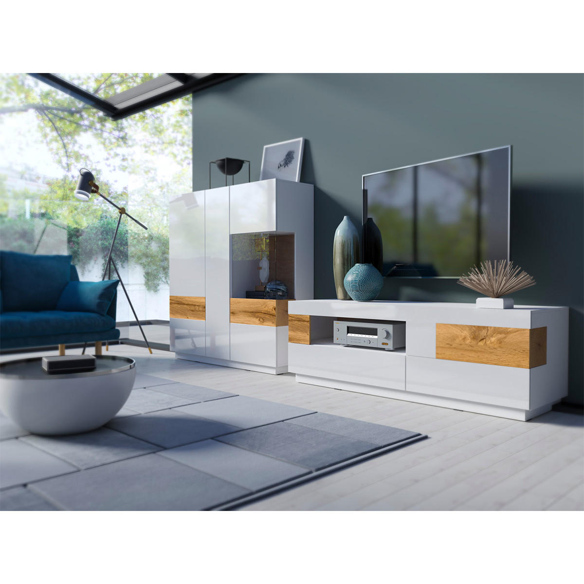 VITRÍNA Andrea Bílá a dřevo - bílá, kompozitní dřevo (130/139/40cm) - Petits-meubles