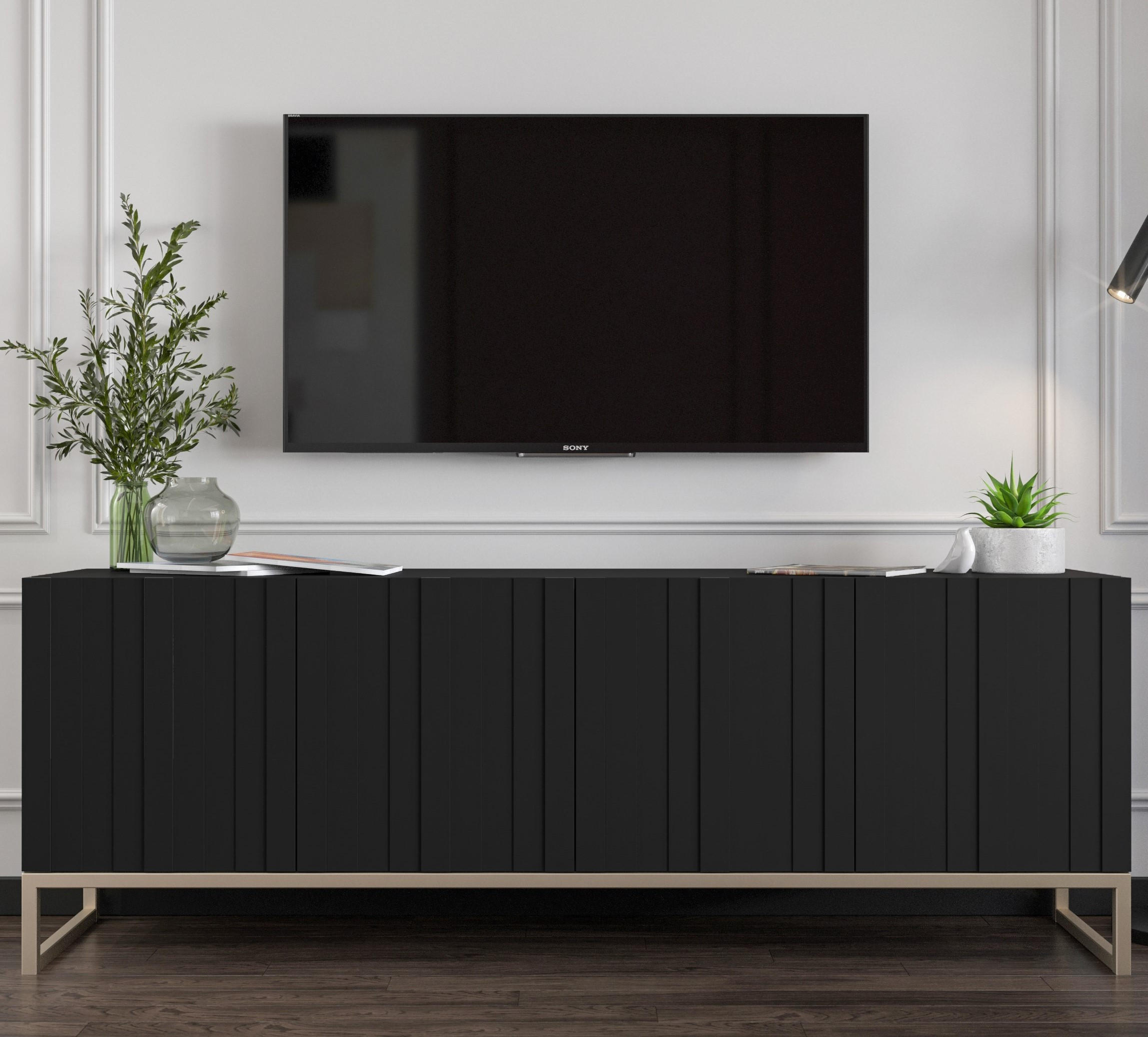 TV-SCHRANK Elpis Schwarz Matt mit Metallrahmen 150 cm - Goldfarben/Schwarz, Holzwerkstoff/Metall (150/51.5/36.5cm) - Meble Lindner