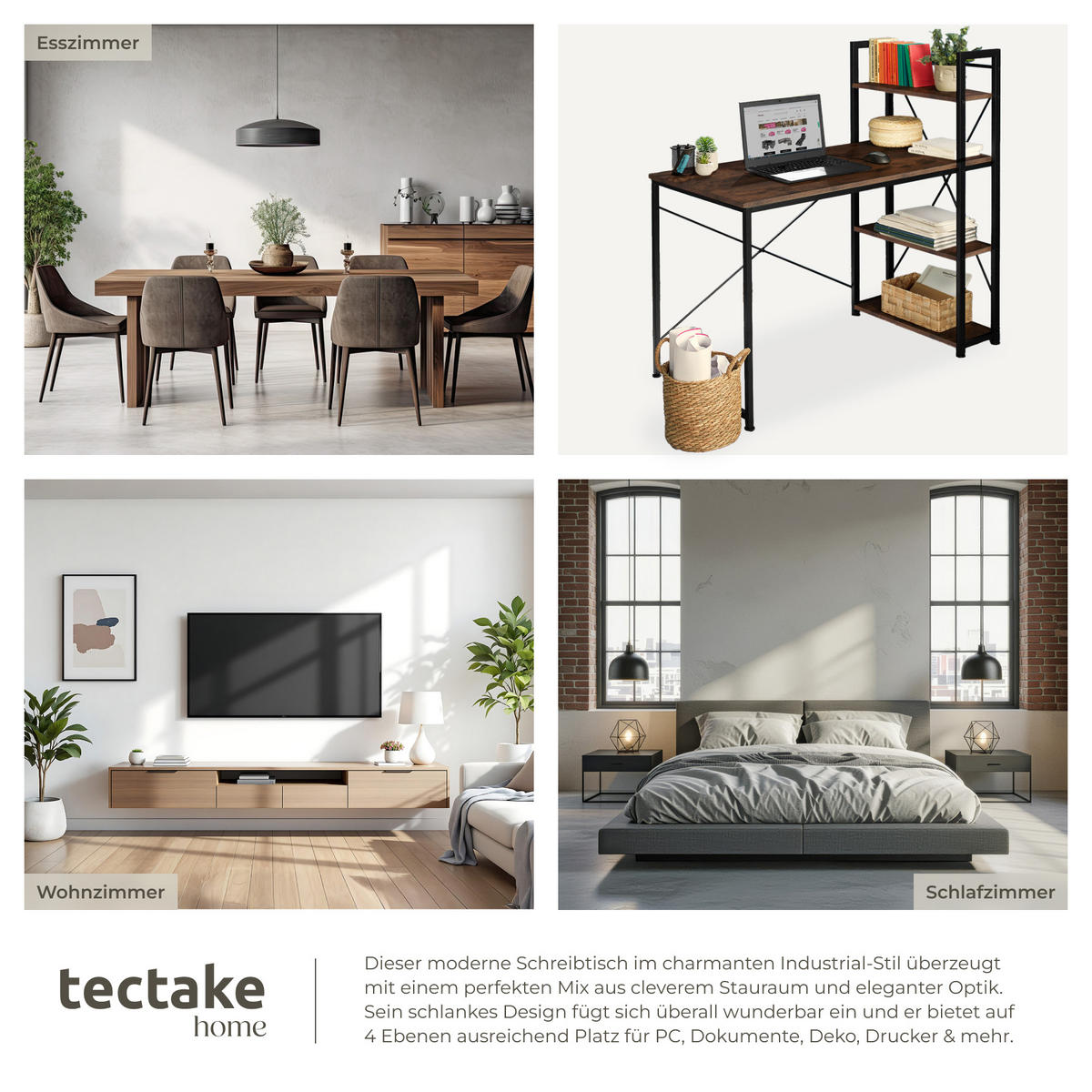 COMPUTERTISCH Hershey,122 x 61 x 120 cm,Industrial Holz dunkel, rustikal - Rostfarben, Holzwerkstoff (122/61/120cm) - tectake