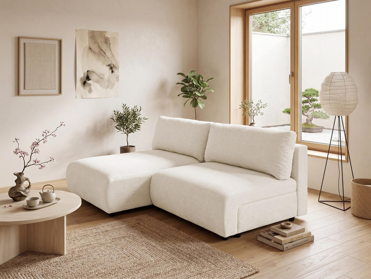 ECKSOFA Sora mit Schlaffunktion, Bettkasten und extra tiefer Komfortzone aus hochwertigem Hellbeige Strukturstoff - Beige/Schwarz, Holz/Kunststoff (140/200cm) - S-Style