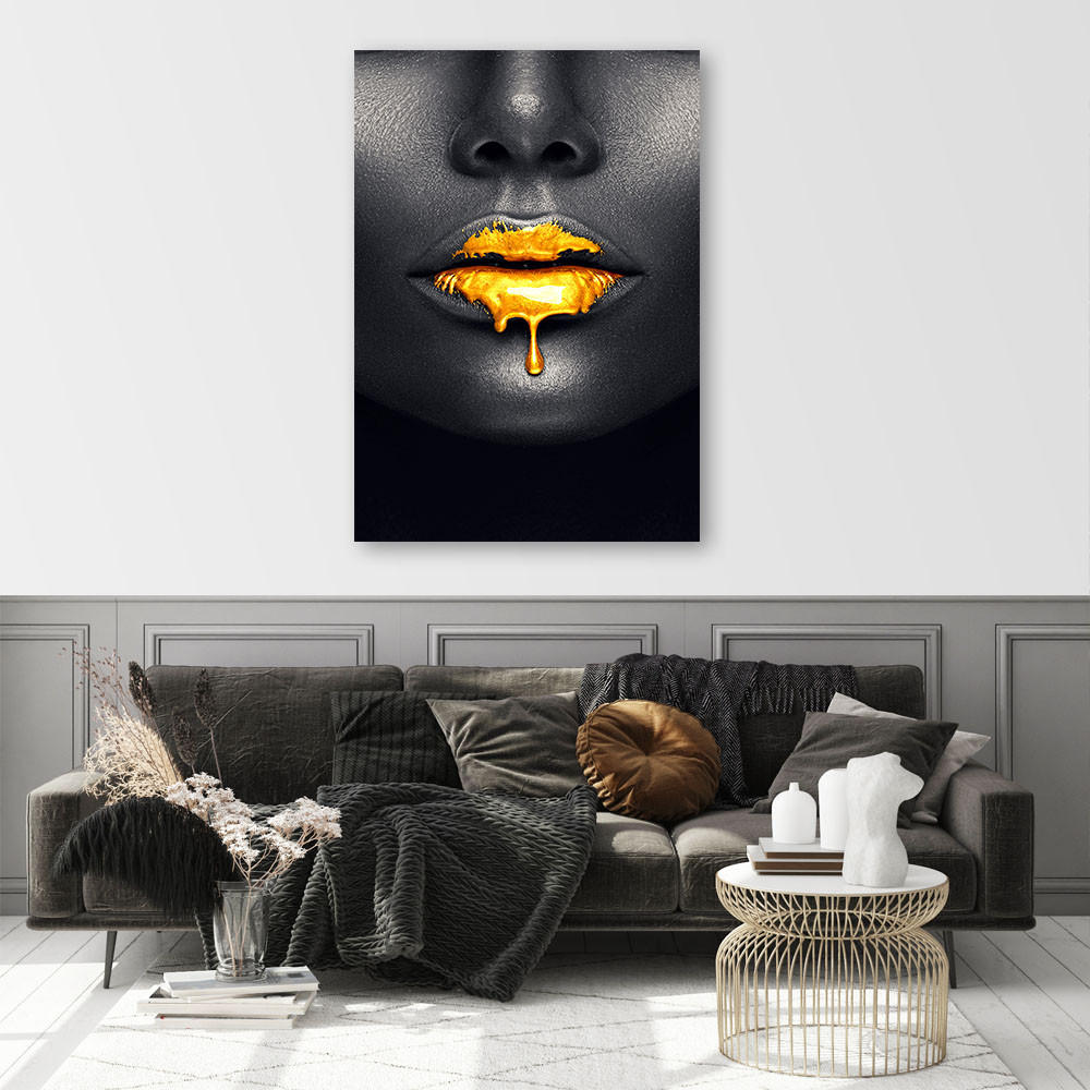LEINWANDBILD Goldene Lippen, Frauen-Glamour-Stil 40x60cm - Schwarz, Textil (40/60cm) - Feeby