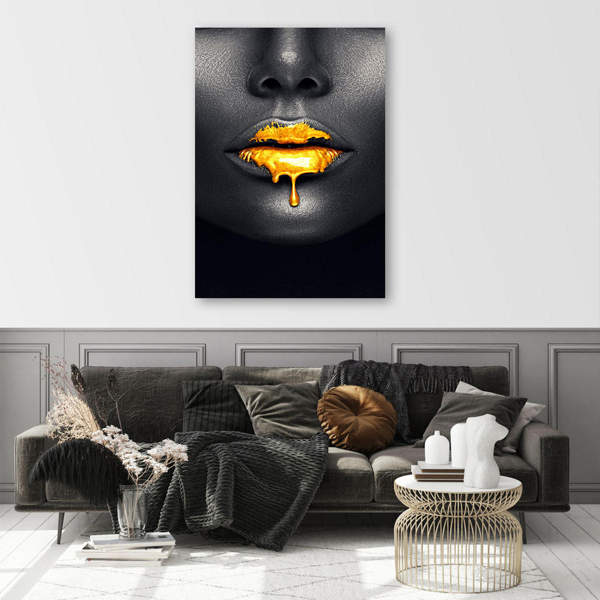 LEINWANDBILD Goldene Lippen, Frauen-Glamour-Stil - Schwarz, Textil (40/60cm) - Feeby