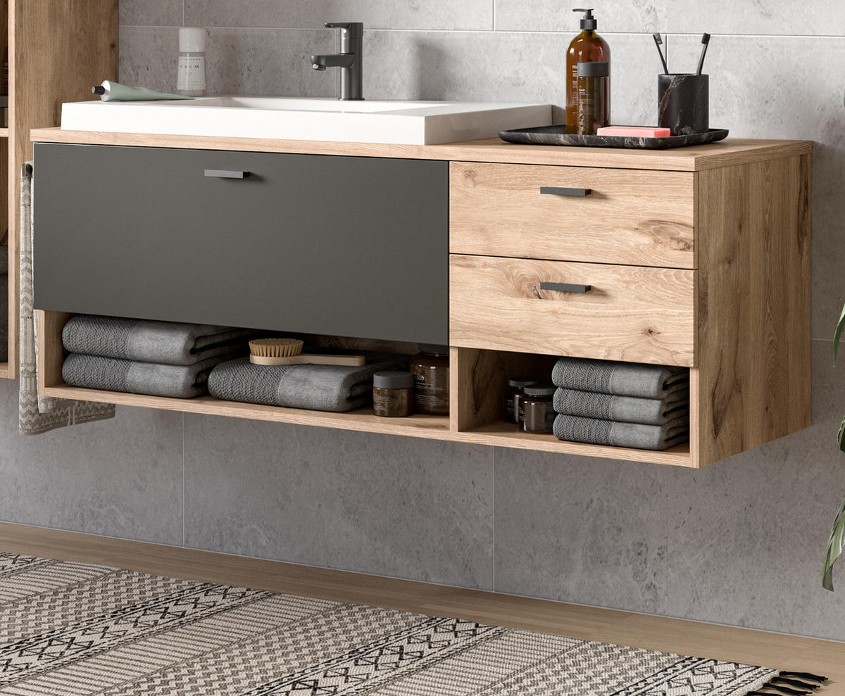 WASCHTISCH Eiche, grau matt 138 cm, Waschbeckenunterschrank mit Waschbecken - Eichefarben/Grau, Holzwerkstoff/Kunststoff (140/50/48cm) - Inn.Furn