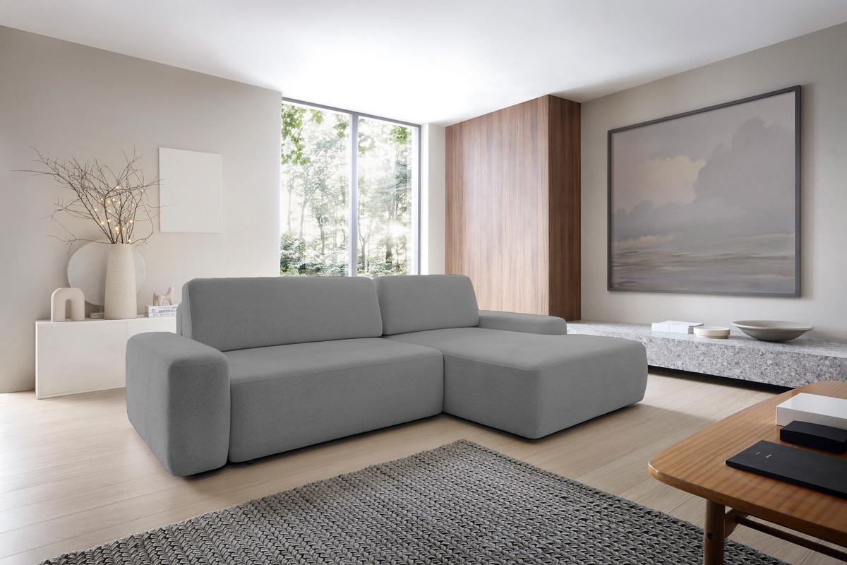 ECKSOFA BOULI 4-Sitzer Polstersofa Raven mit Schlaffunktion 130x210 cm Bettzeugablage 264x162x82 cm rechte, Farbe: Grau​ - Grau, Holz/Textil (264/162cm) - DomoHome