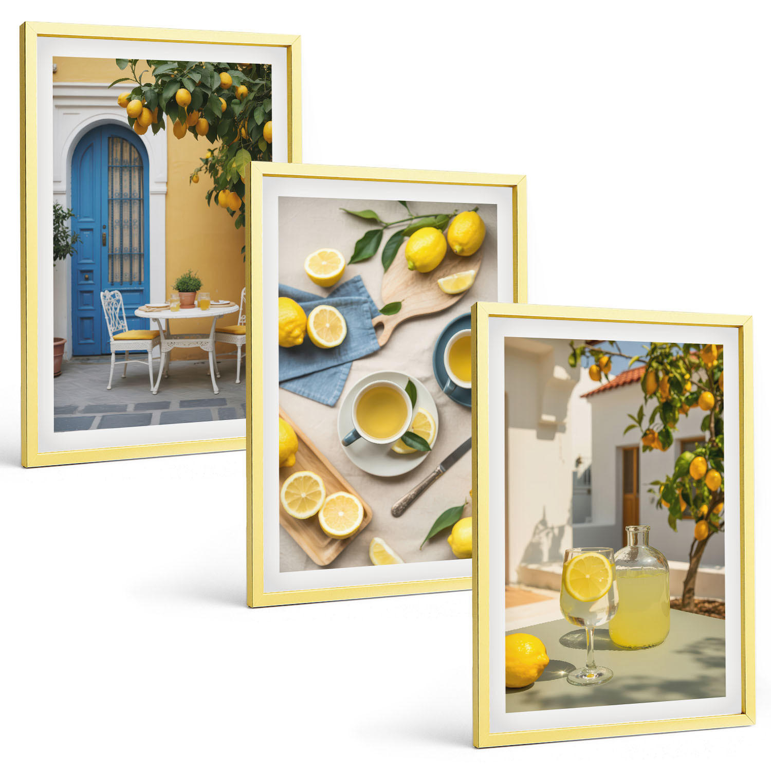 BILDER SET 3er Set - 40x60 cm Goldrahmen - Zitronenlimonade blaue Tür - Goldfarben, Kunststoff (40/60cm) - TULUP