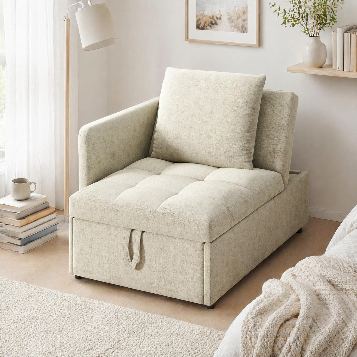 KLAPPBETT mit 3-in-1-Funktion und 5-fach verstellbarer Rückenlehne - Beige, Holz/Textil - EVRYAE