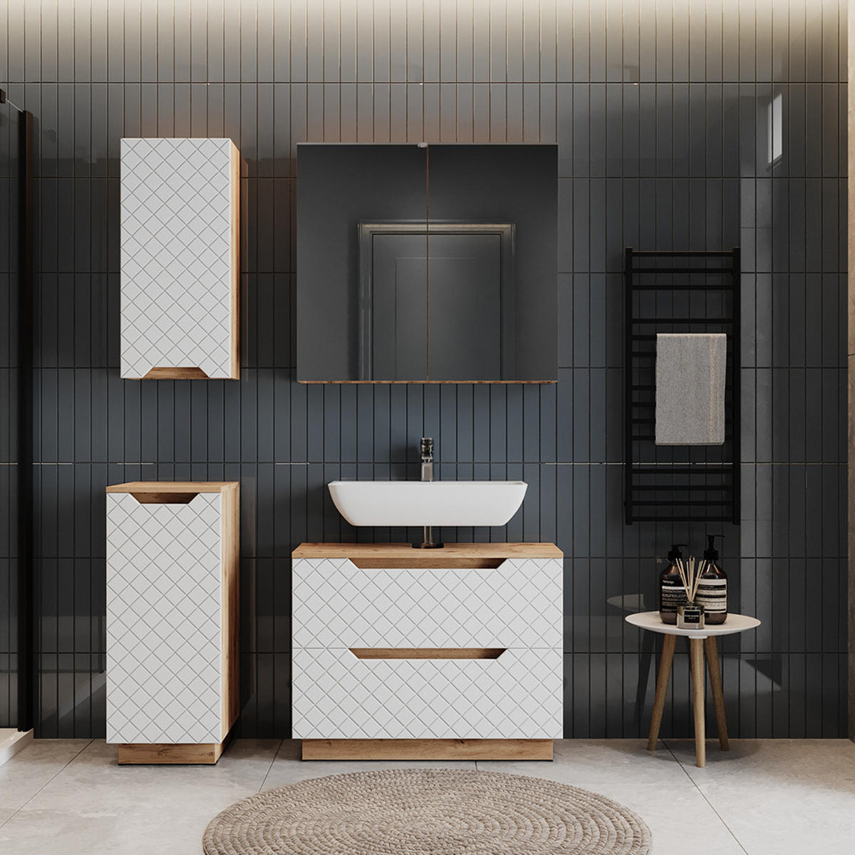 BADMÖBEL-SET Lotta Eiche/Weiß mit Kachelstruktur 4 Teile - Eichefarben/Weiß, Holzwerkstoff (79.6/62.5/32cm) - Vicco