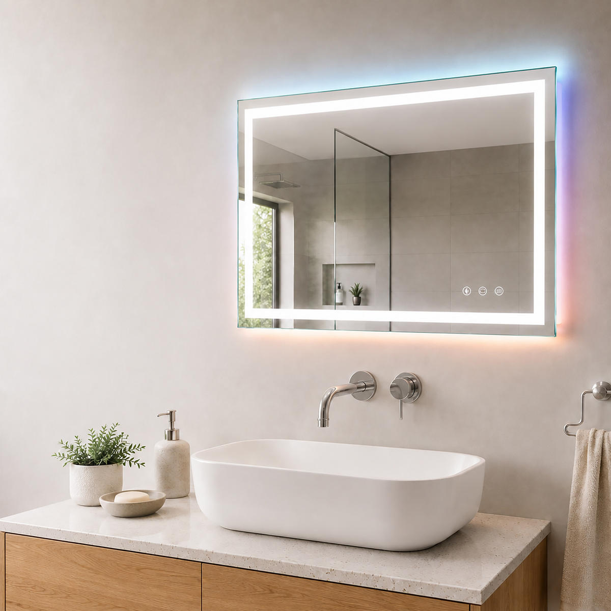 BADSPIEGEL Silber LED RGB Hintergrundbeleuchtung Touch Anti-Beschlag 60x80 cm - Transparent, Glas/Holzwerkstoff (80/60/3cm) - Relaxdays