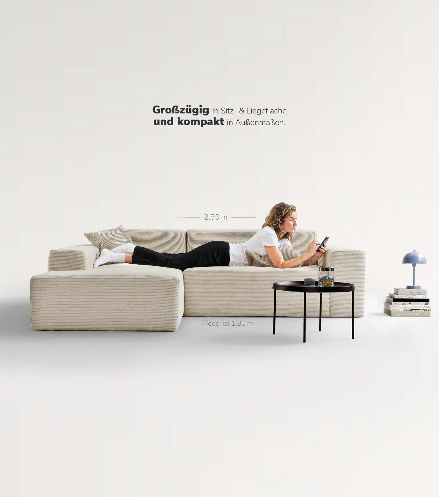 ECKSOFA Die Lässige Recamiere links - Beige, Textil (253/188cm) - Mokebo