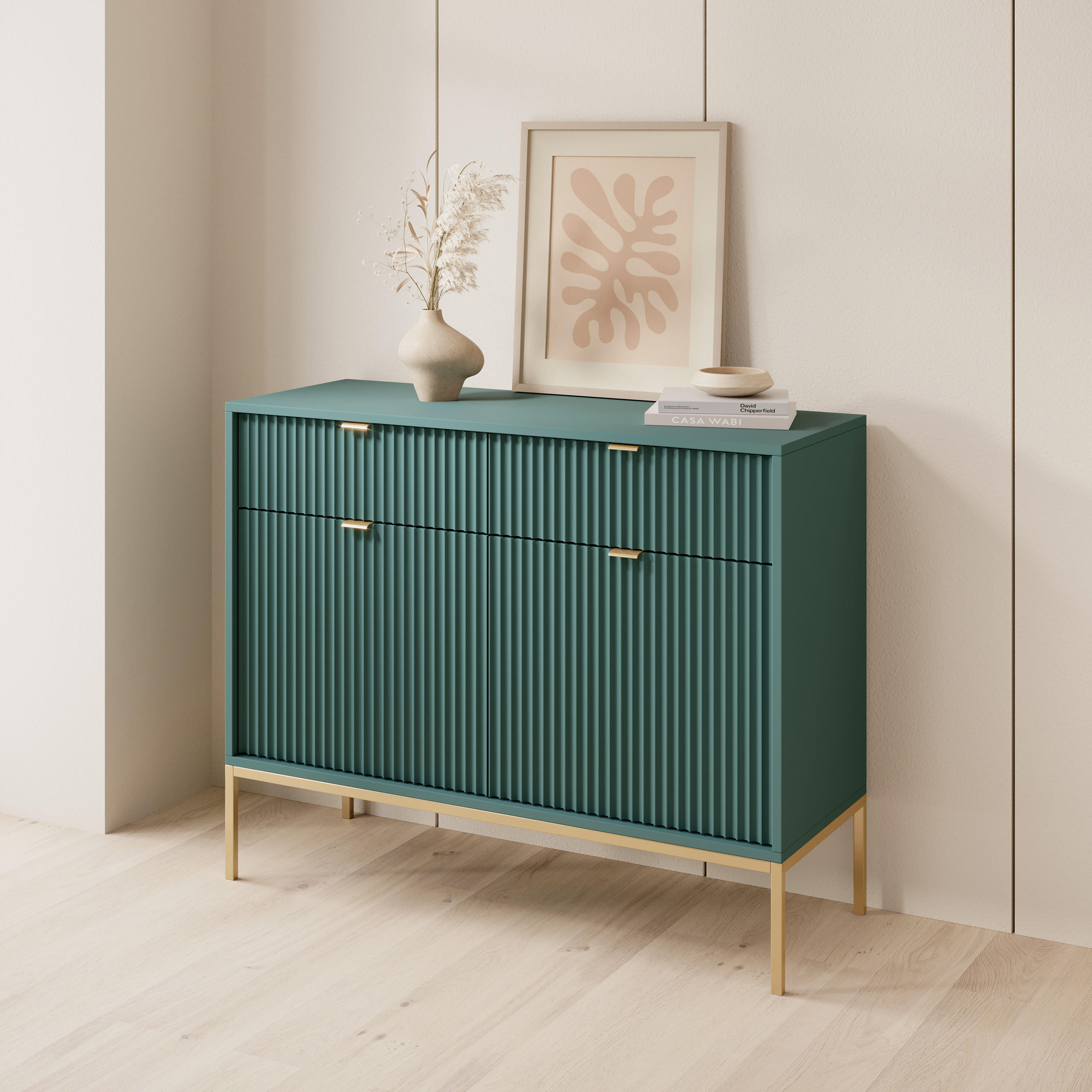 KOMMODE STELLARE 104/83/39 cm mit 2 Schubladen 2 Türen Hellgrün - Goldfarben/Hellgrün, Holzwerkstoff (104/83/39cm) - MASSENO