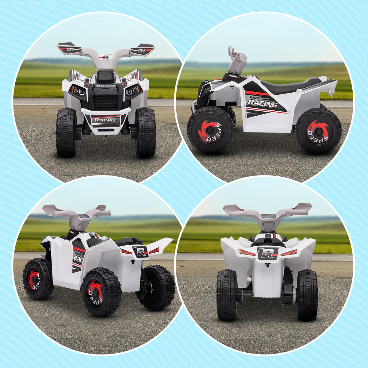 MINI ELEKTRO-QUAD KINDER, Blau/Rosa/Weiß, Kunststoff+ Metall - Weiß, Metall (70/41.5/48.5cm) - HOMCOM