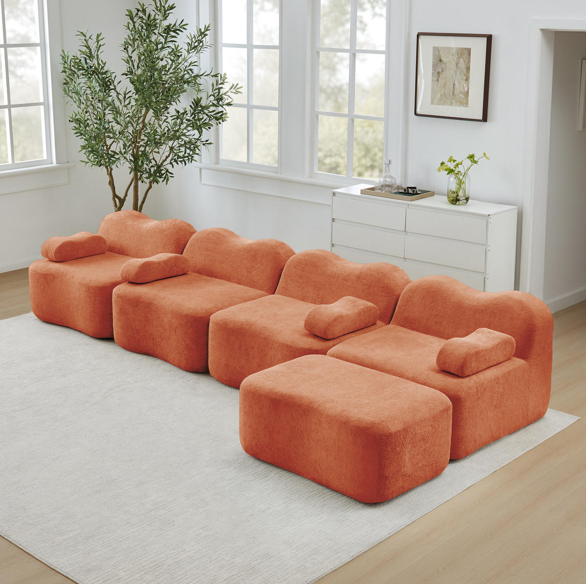 ECKSOFA 384/167/70 cm Orange aus Samt mit Wellenform und modularem Hocker - Orange, Textil (167/384cm) - OKWISH