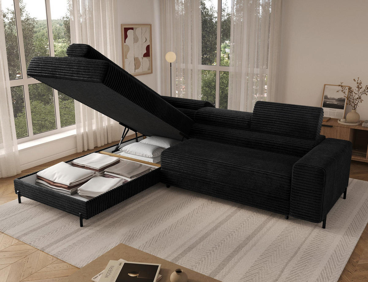 ECKSOFA COLESIO L-Form, Schlaffunktion, Bettkasten, verstellbare Kopfstützen, Wellenfederung, Metallfüße, breiter Cordstoff - Schwarz, Kunststoff/Metall (269/204cm) - Wohnideebilder