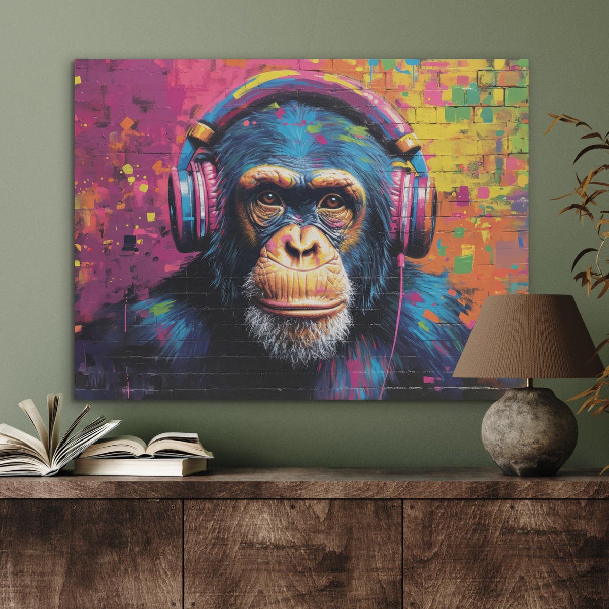 AKUSTIKPANEEL Graffiti - Schimpanse - Straßenkunst - Kopfhörer - Affe 80x60 cm - Blau, Textil (80/0.9/60cm) - MuchoWow