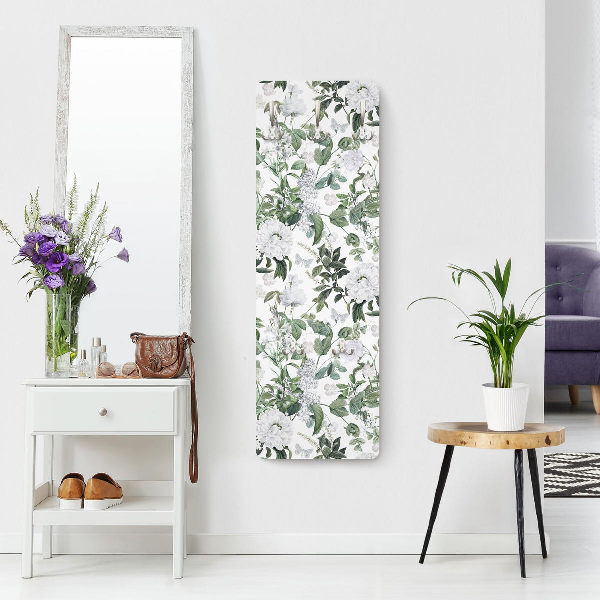 WANDGARDEROBE - Weiße Blüten und Schmetterlinge 34/105 cm - Weiß, Holzwerkstoff (34/105/1.6cm) - Bilderwelten
