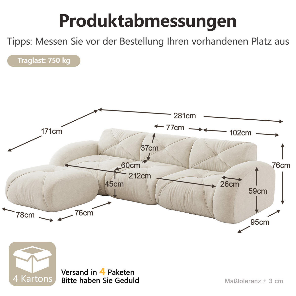 ECKSOFA 281/171/76 cm Hellbeige Chenille mit 1 Fußhocker, rutschfeste Unterseite - Beige, Textil (281/171cm) - Oxeza