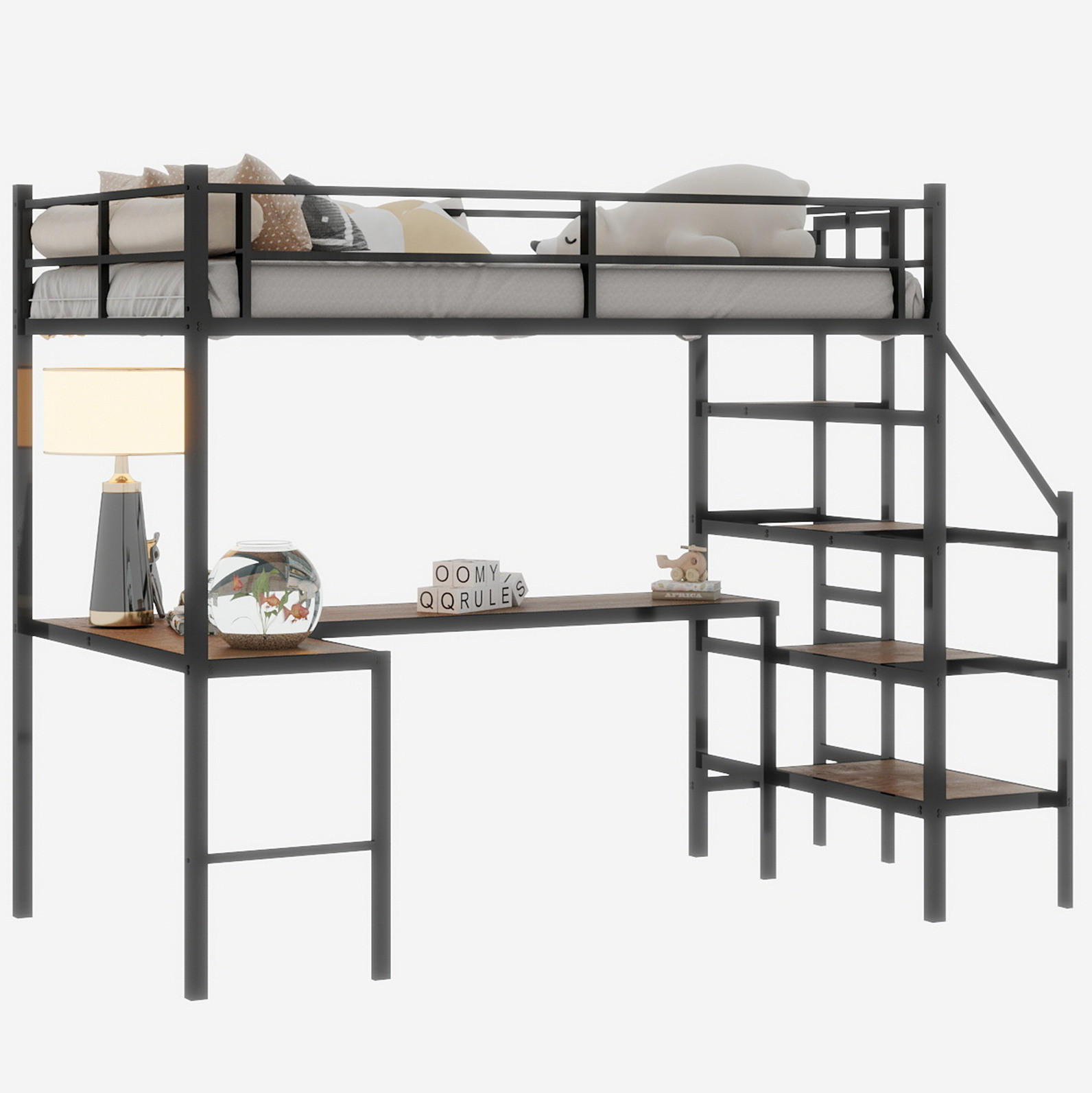 HOCHBETT mit L-förmigem Schreibtisch, Treppe und Stauraum, Metall, Schwarz - Schwarz, Metall (90/190cm) - MIVRAY