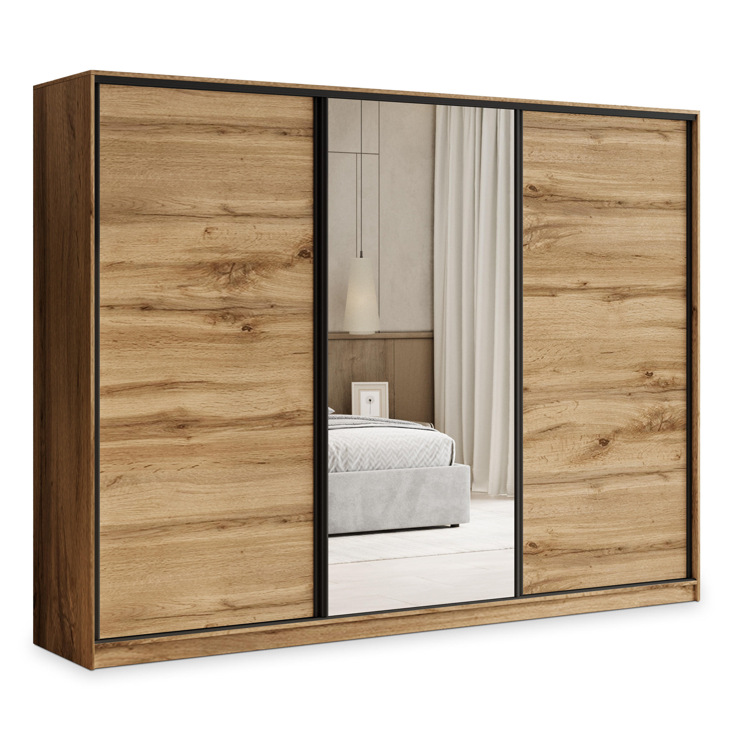Masseno Schwebetürenschrank Eiche Wotan, Schwarz 235x205x58 cm