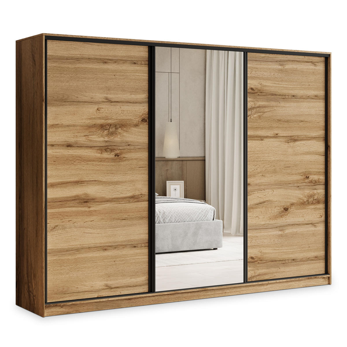 SCHWEBETÜRENSCHRANK TARI 270/205/58 cm 3-türig mit Spiegel und 4 Schubladen Eiche Wotan - Eiche Wotan, Holzwerkstoff (270/205/58cm) - MASSENO