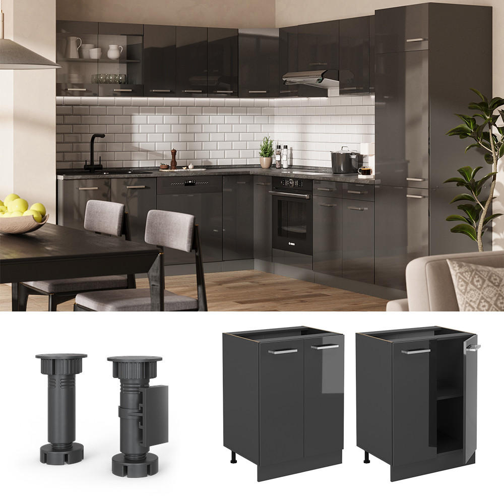 KÜCHENUNTERSCHRANK R-Line Anthrazit Hochglanz 60 cm , AP Eiche - Schwarz Hochglanz/Anthrazit, Holzwerkstoff (60/81.6/60cm) - Vicco