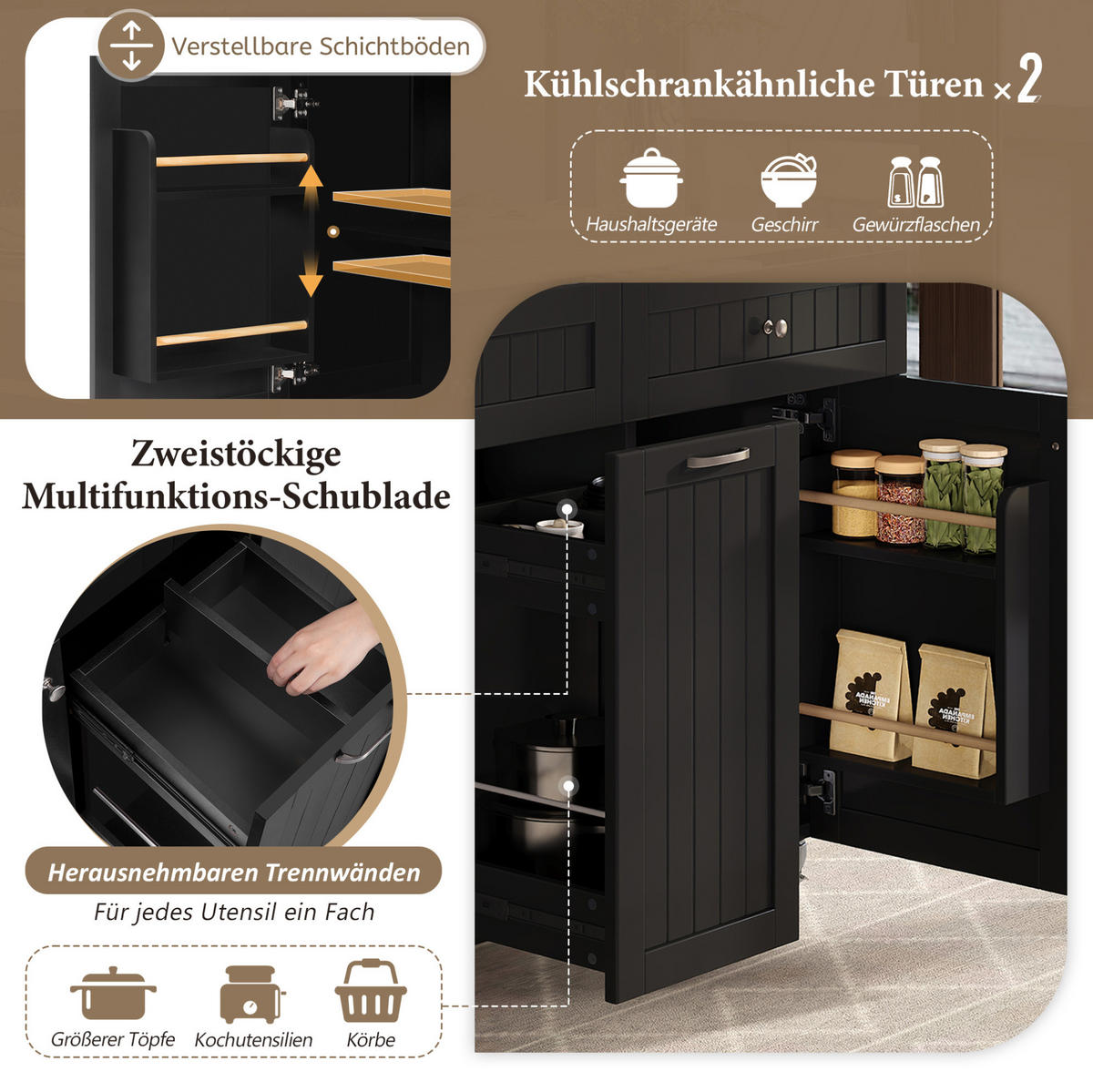 KÜCHENINSEL 140/40-70/92 cm aus MDF mit ausziehbarer Arbeitsplatte Schwarz/Natur - Schwarz, Holzwerkstoff (140/92/70cm) - Modenvie