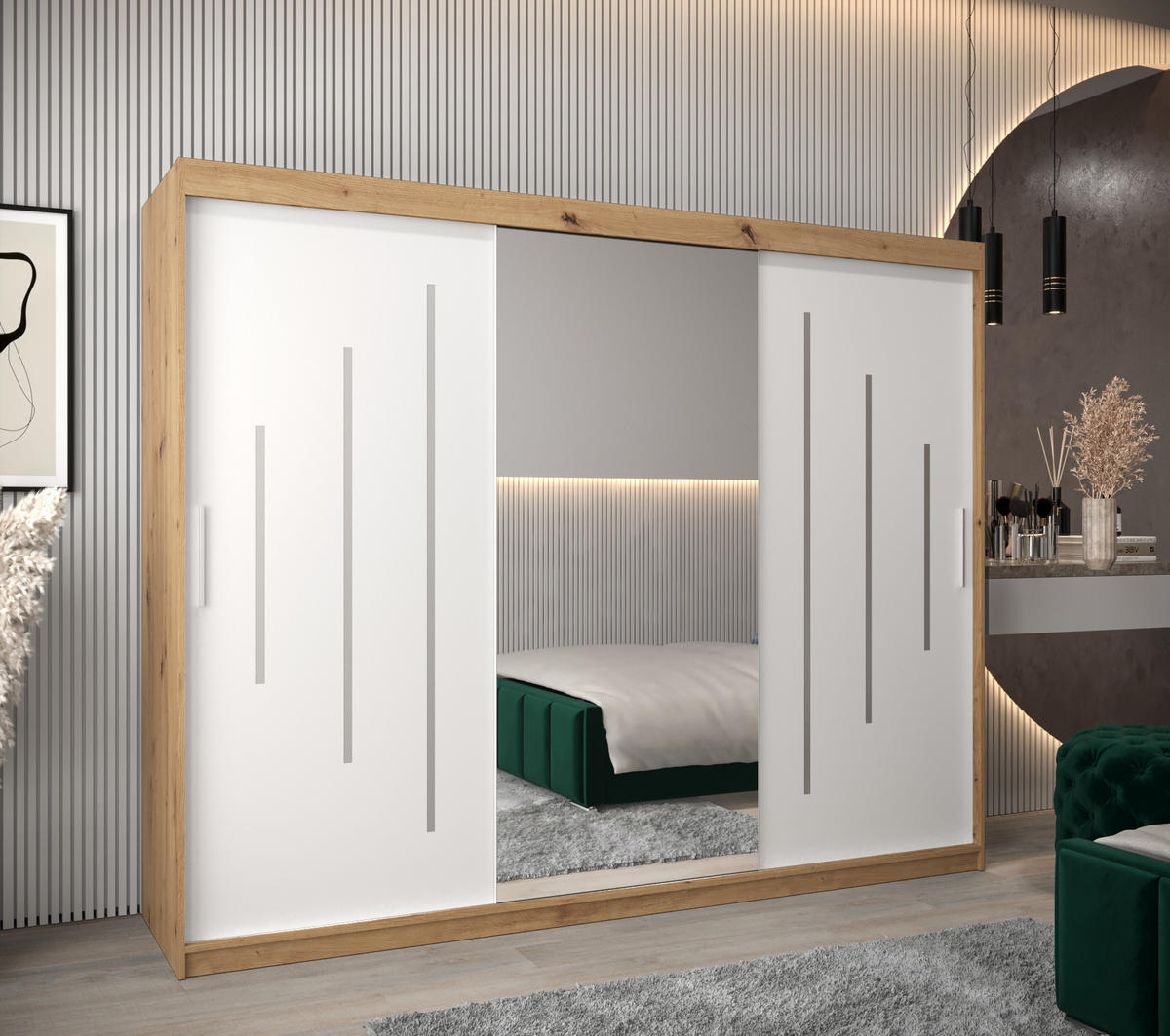 SCHWEBETÜRENSCHRANK 200/250/62 3-türig - Silberfarben/Weiß, Holz/Kunststoff (250/200/62cm) - Abiks Möbel