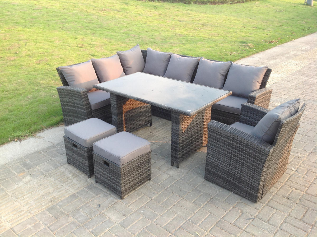 GARTEN-ECKSOFAGARNITUR mit Esstisch Polyrattan 9-Sitzer - Dunkelgrau/Grau, Glas/Kunststoff - Fimous