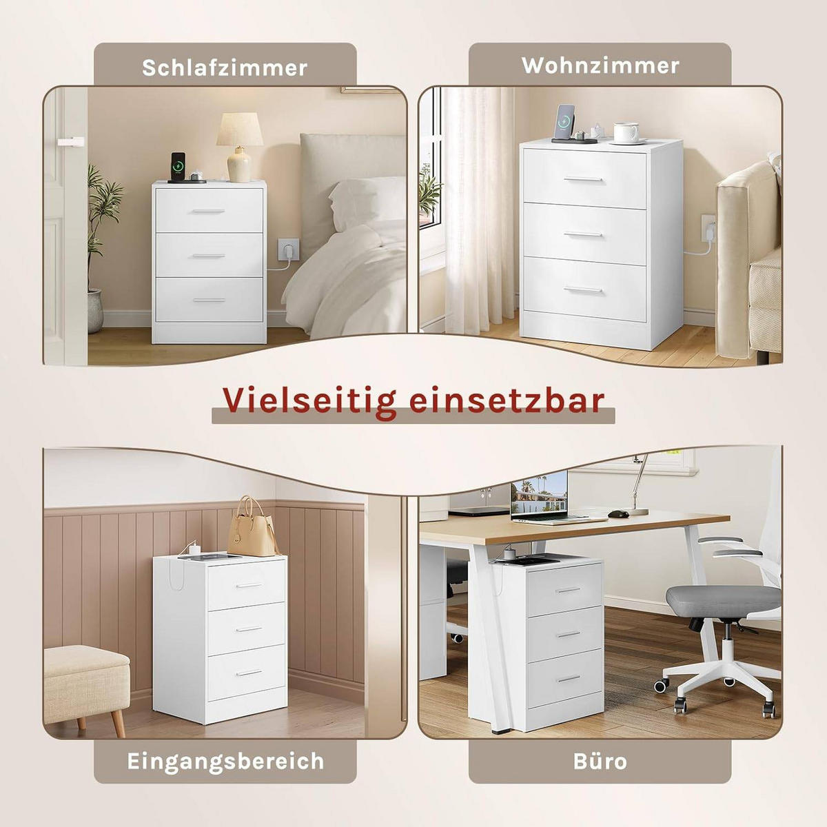 NACHTTISCH, Beistelltisch mit Ladefunktion, Weiß - Weiß, Holzwerkstoff (39/54/28cm) - Woltu