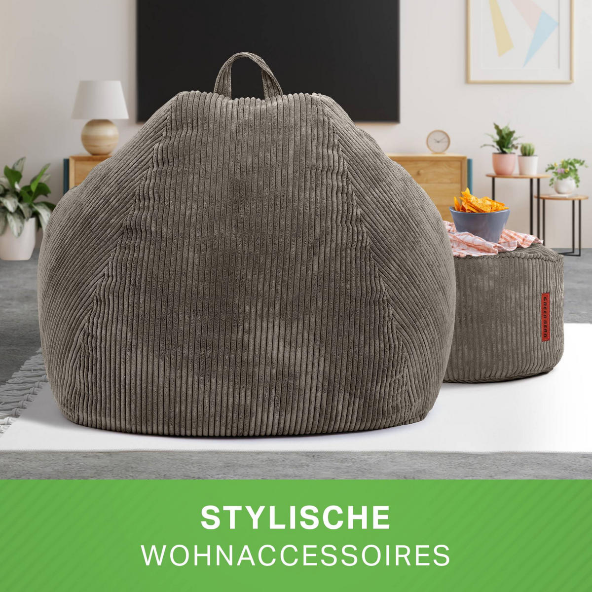 XXL-SITZSACK 2er Set + Pouf - Cordstoff - Anthrazit, Textil (90/110/90cm) - Green Bean