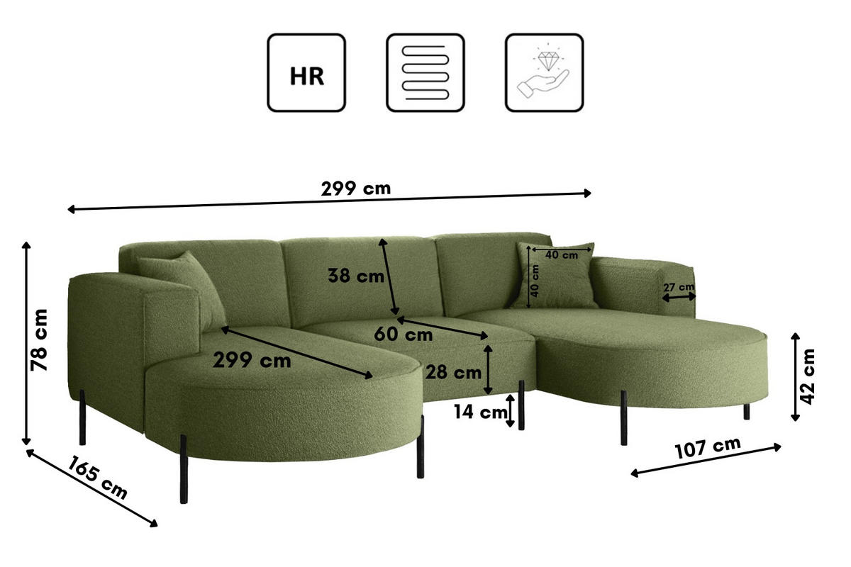 ECKSOFA Designer Modena U Rein stoff Quelle Olive - Olivgrün, Holz (165/299cm) - Kaiser Möbel