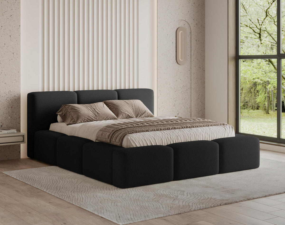 POLSTERBETT 180x200 mit Bettkasten, Lattenrost und Kopfteil, Eleganter Bouclé-Stoffbezug Schwarz - Schwarz, Holz (180/200cm) - Chilly