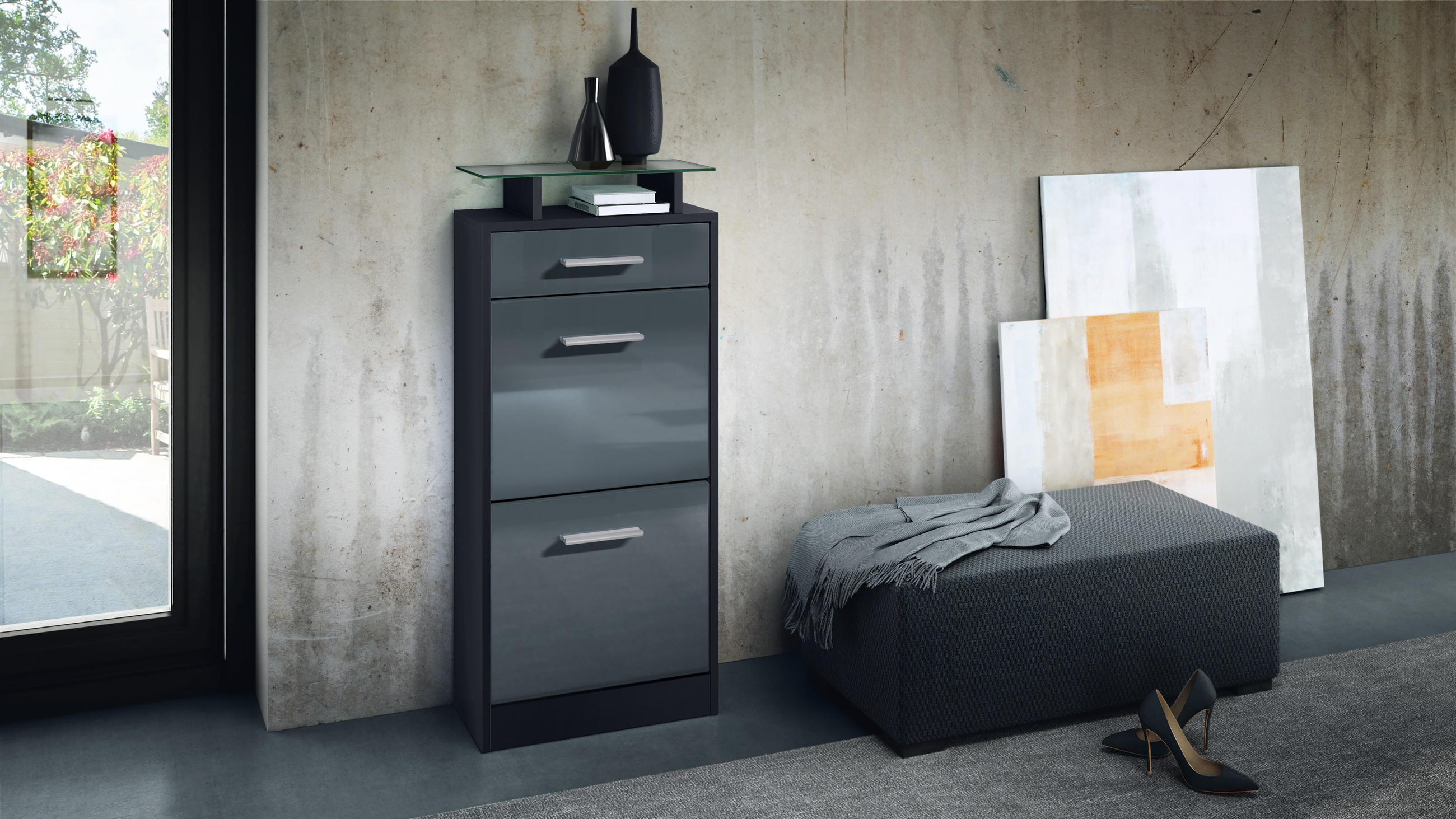 SCHUHSCHRANK Loret Front in Grau Hochglanz - Grau, Holzwerkstoff (46/104/23cm) - Vladon
