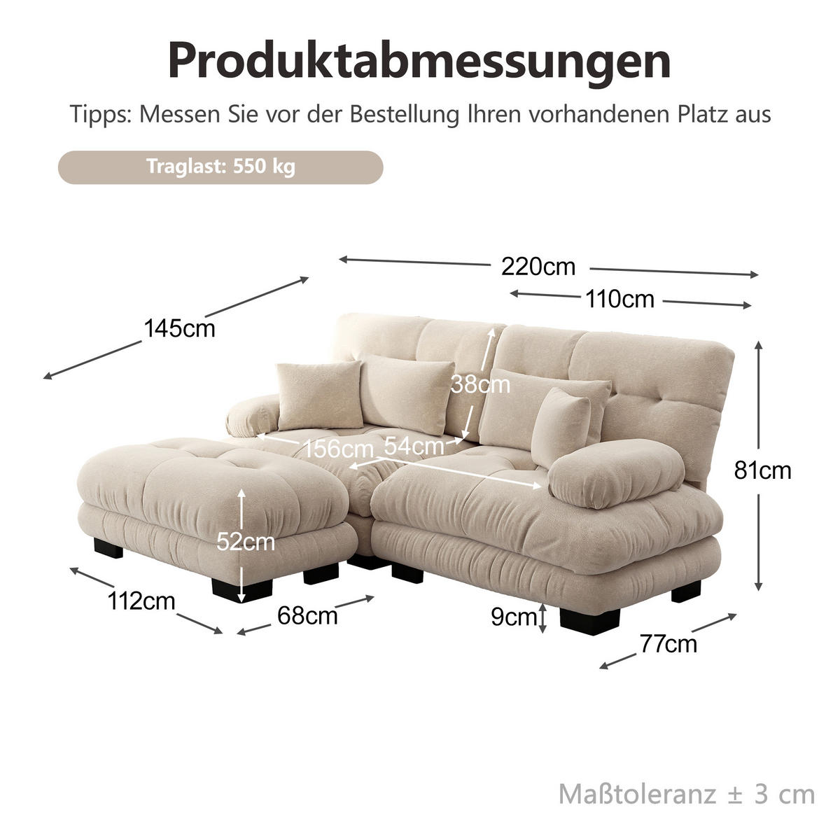 ECKSOFA DE-34065 mit Ottoman Hellbraun - Hellbraun, Holz (145/220cm) - ComfortXL