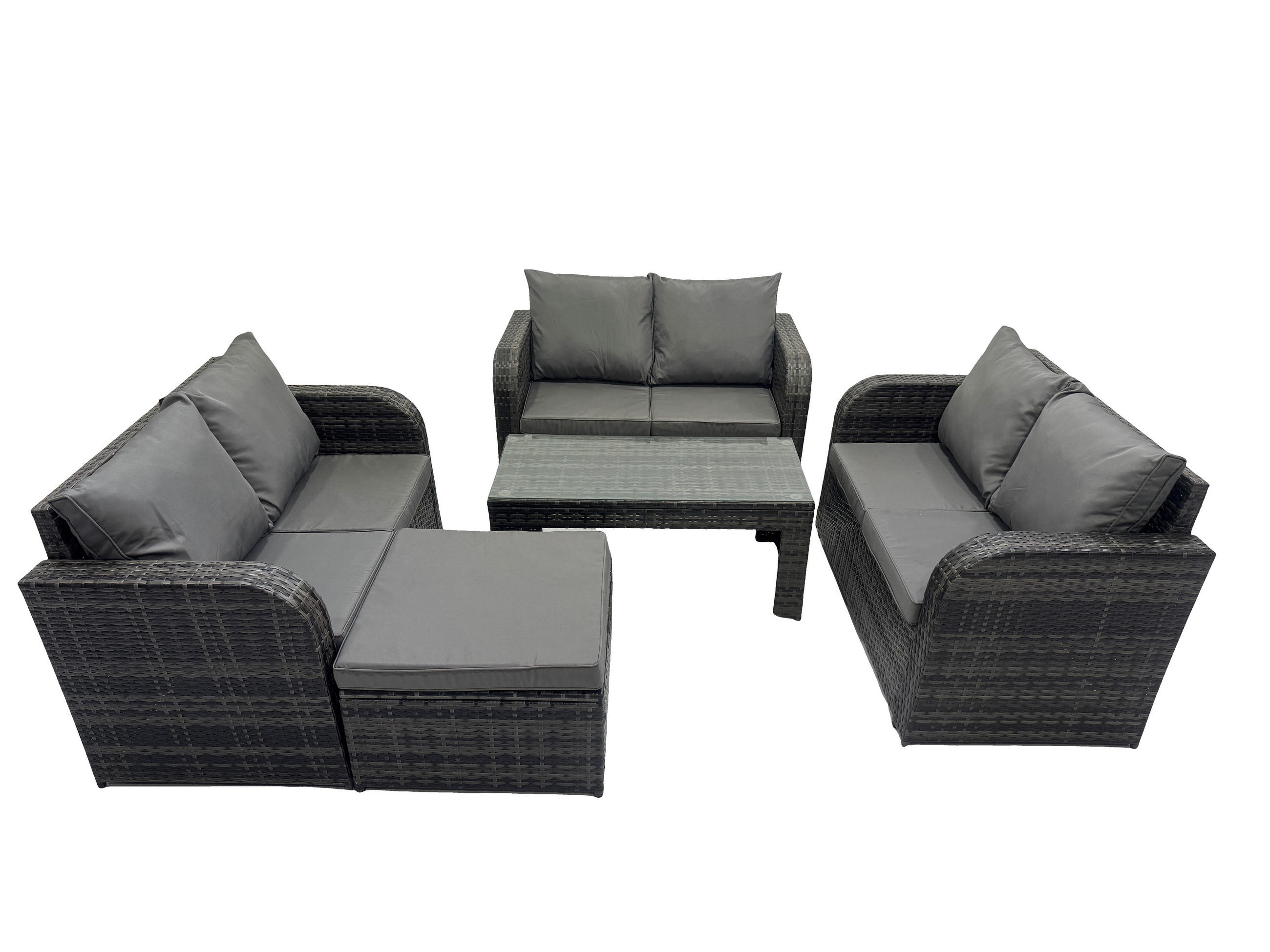 GARTENSOFA SET mit rechteckigem COUCHTISCH Polyrattan 7-Sitzer Dunkelgrau - Dunkelgrau/Grau, Glas/Kunststoff - Fimous
