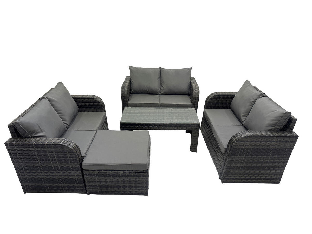 GARTENSOFA SET mit rechteckigem COUCHTISCH Polyrattan 7-Sitzer Dunkelgrau - Dunkelgrau/Grau, Glas/Kunststoff - Fimous