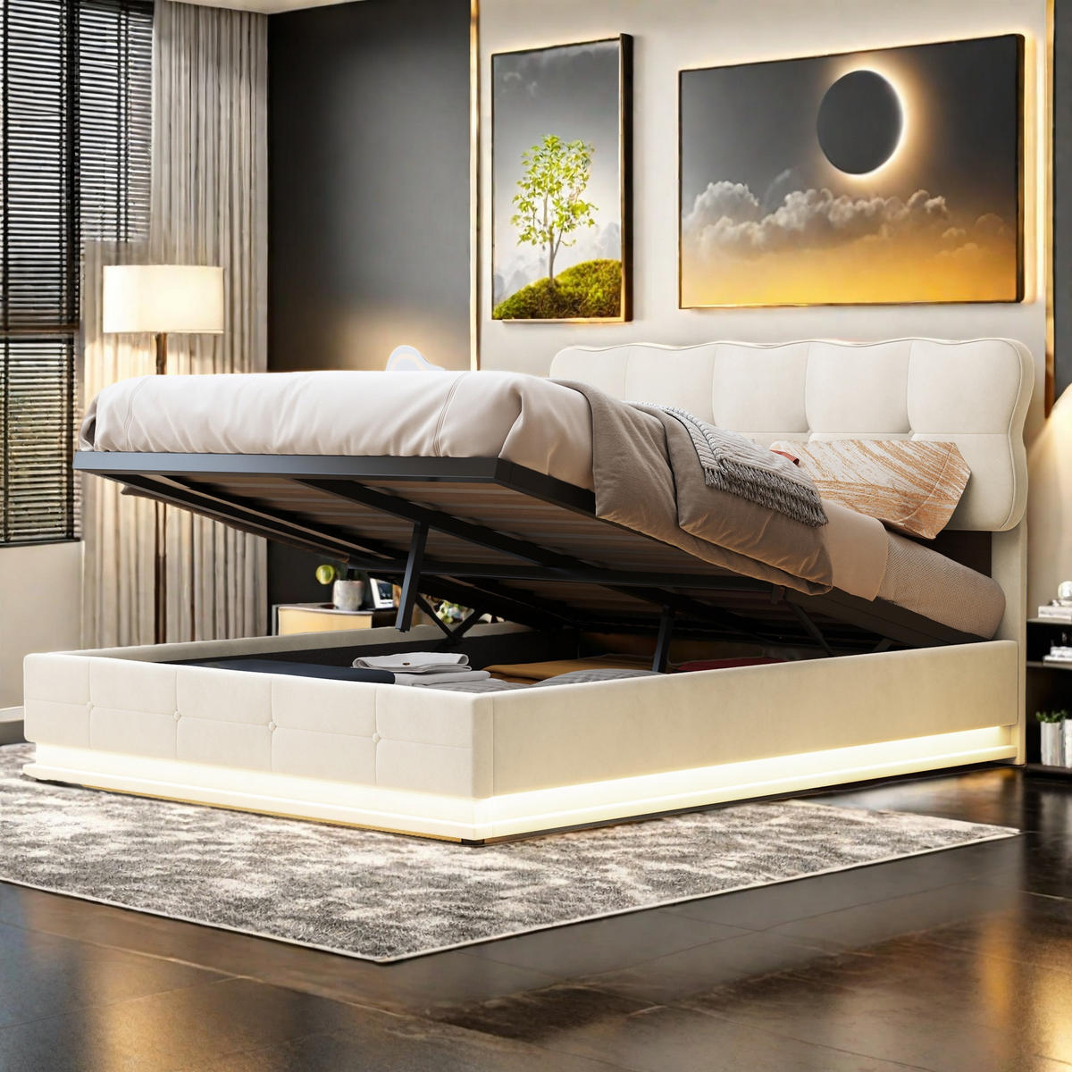 POLSTERBETT 140/200 cm Beige mit Bettkasten und LED-Beleuchtung - Beige, Holz (140/200cm) - SHOPENTRA